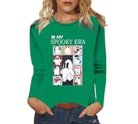 Halloween Shirts for Women Plus Size in My Spooky Era Cute Ghost T Shirts Funny Halloween Shirts Long Sleeve Tops Blouse Festival Clothes Outfits (Green, S)
