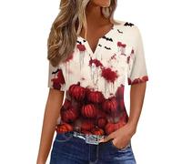 Halloween Shirts for Women Spooky Season Funny Printed Shirts 3/4 Length Sleeve Top Playful Festival Blood Splatte Horror Clothes for Local Halloween Festivals (Wine, L)
