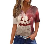 Halloween Shirts for Women Spooky Season Funny Printed Shirts 3/4 Length Sleeve Top Playful Festival Blood Splatte Horror Clothes for Local Halloween Festivals (Watermelon Red, XL)