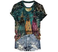 Halloween Shirts for Women Witches Gather Party Tshirt Halloween Witches Graphic Tees Witches Full Moon Art Print Shirt, Green, S