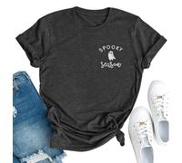 Halloween Shirts Woman Spooky Season Tshirt Ghost Halloween T-Shirt Vintage Spooky Shirt Short Sleeve Casual Fall Tops, Darkgrey3-embroidered, L