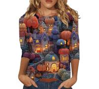 Halloween Shirts Women's 3/4 Sleeve Tops Funny Halloween Village Graphic T-Shirts Three-Quarter Sleeve Autumn Pullover Comfortable Casual Pullover Tops with Fashion Pattern Print Autumn Winter Women's