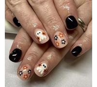 Halloween Short Almond Press On Nails - Circus Reusable Fake Nails - Blood Drop Stripes & Ghost Face Design - Stick on Nails with Glue for Women (Black Flowers&White Ghost)