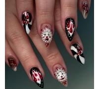 Halloween Short Almond Press On Nails - Circus Reusable Fake Nails - Blood Drop Stripes & Ghost Face Design - Stick on Nails with Glue for Women (Red Blood Drop Stripes)