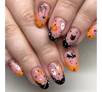 Halloween Short Almond Press On Nails - Circus Reusable Fake Nails - Blood Drop Stripes & Ghost Face Design - Stick on Nails with Glue for Women (Orange Cute Pumkin)
