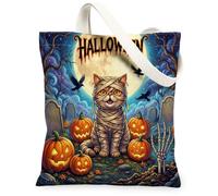 Halloween Short-haired Cats Canvas Tote Bag for Shopping 13 * 15, Holiday Graveyard Reusable Grocery Bag for Women, Pumpkins Work Travel Painting Gift Decor