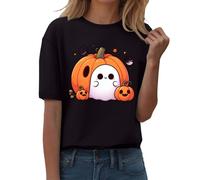 Halloween Short Sleeve Women's Pumpkins and Ghosts Print T-Shirt Crew Neck T-Shirt Women Lightweight Tops Carnival Festival Horror Festive Leisure Top Halloween Costume, black, L