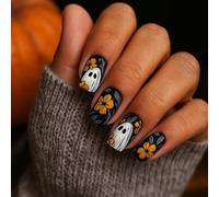 Halloween Short Square Press On Nails with Black Matte Ghost & Orange Flower Design - 24Pcs Spooky Party False Nails Kit, Smooth Glossy Finish Easy Apply for Adults Women, Festive Manicure Set