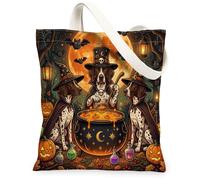 Halloween Shorthaired Pointer Dog Canvas Tote Bag for Shopping 13x15, Vintage Puppy Witch Cauldron Reusable Grocery Print Pattern Bag for Women, Scary Beach Aesthetic Painting Gift Decor