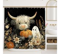 Halloween Shower Curtain, Black Cow Pumpkin Ghost Floral Bathroom Decor, Autumn Rustic Farmhouse Style Waterproof Fabric Shower Curtain with Hooks 72x78 Inch