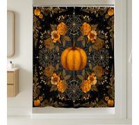 Halloween Shower Curtain, Black Orange Pumpkin Floral Bathroom Decor, Autumn Festive Modern Stylish Waterproof Fabric Shower Curtain with Hooks 72x96 Inch