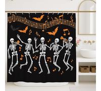Halloween Shower Curtain, Black Skeleton Dancing Music Notes and Bats Bathroom Decor, Spooky Autumn Fun Modern Fabric Shower Curtain with Hooks 72x72 Inch