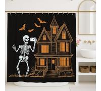 Halloween Shower Curtain, Black Skeleton Haunted House Decor, Spooky Autumn Bathroom Set, Fun Modern Design with Hooks for Fall Festivities 72x72 Inch