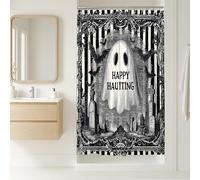 Halloween Shower Curtain, Black White Striped Ghost Bat Bathroom Decor, Autumn Spooky Vintage Gothic Fabric Shower Curtain with Hooks 36x72 Inch