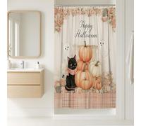 Halloween Shower Curtain, Cat Pumpkin Ghost Floral Bathroom Set Decor, Fall Autumn Modern Cute Waterproof Fabric Shower Curtain with Hooks 36x72 Inch