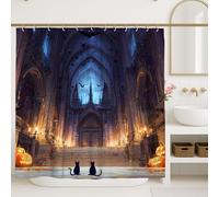 Halloween Shower Curtain, Dark Blue Gothic Castle Cats Decor, Autumn Spooky Bathroom Set, Modern Artistic Waterproof Fabric Shower Curtain with Hooks 72x72 Inch