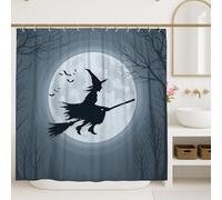 Halloween Shower Curtain, Dark Blue Witch on Broom with Moon and Bats Bathroom Decor, Autumn Spooky Modern Art Waterproof Fabric Shower Curtain with Hooks 72x84 Inch