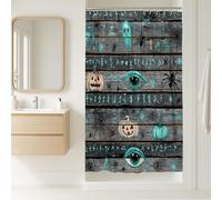 Halloween Shower Curtain, Spooky Black and Aqua Eye Pumpkin Bathroom Decor, Autumn Modern Rustic Waterproof Fabric Shower Curtain with Hooks 36x72 Inch