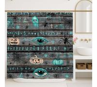 Halloween Shower Curtain, Spooky Black and Aqua Eye Pumpkin Bathroom Decor, Autumn Modern Rustic Waterproof Fabric Shower Curtain with Hooks 72x84 Inch