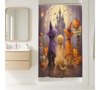 Halloween Shower Curtain, Spooky Dogs with Pumpkins and Haunted House Bathroom Decor, Fall Festive Modern Cartoon Waterproof Fabric Shower Curtain with Hooks 36x72 Inch