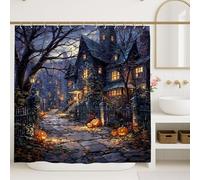 Halloween Shower Curtain, Spooky Haunted House Pumpkin Bathroom Decor, Autumn Seasonal Dark Gothic Waterproof Fabric Shower Curtain with Hooks 72x78 Inch