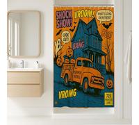 Halloween Shower Curtain, Spooky Orange Haunted House and Pumpkin Decor, Fall Festive Modern Cartoon Fabric Shower Curtain with Hooks 36x72 Inch