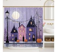 Halloween Shower Curtain, Spooky Violet Haunted House Bathroom Decor, Autumn Fall Modern Artistic Waterproof Fabric Shower Curtain with Hooks 72x72 Inch