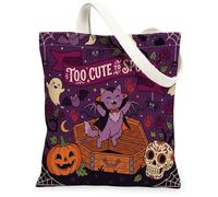 Halloween Siberian Cat Canvas Tote Bag for Shopping 13x15, Horror Kitten Graveyard Reusable Grocery Print Pattern Bag for Women, Spooky Scary Aesthetic Painting Gift Decor