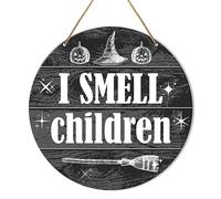 Halloween Sign Front Door Decor, Witch Round Hanging Sign Decor Autumn Wall Wooden Decorations Halloween Witchy Black Wood Sign for Porch, Gothic Home, I Smell Children