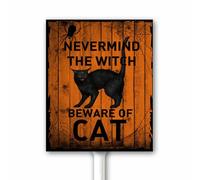 Halloween Sign Never Mind The Witch Beware of Cat Yard Sign With Stake Funny Halloween Night Party Decor Black Cat Aluminum Sign Rustic Fall Decoration 12x15 CM