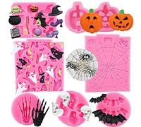 Halloween Silicone Mold 7 Pack Pumpkin Silicone Cake Mold Cupcake Chocolate Mold Skull Batskeleton Hand Bat Ghost Witch Candy Mold for Halloween Party