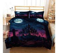 Halloween Single Duvet Cover Sets 3 Piece, Black Graveyard, Castle Bedding, Soft and Breathable Microfiber Zipper Quilt Cover and 2 Pillowcases, Easy to Clean and Care, for Bedroom