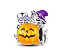 Halloween Skeleton and Witch Cat with Pumpkin Charm 925 Silver Compatible with Pandora Charms, Trollbeads, Chamilia, Biagi and Many Other UK Charm Bracelets.
