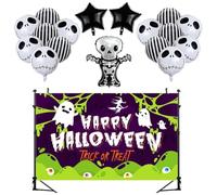 Halloween Skeleton Balloons 17pcs Skull Foil Balloons & Backdrop Set Skeleton & Ghost Theme Trick or Treat Backdrop for Spooky Halloween Party Supplies