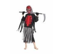 Halloween Skeleton Costume, Grim Reaper Costume for Children, Fire Red Devil Skeleton Costume, Robe with Hood Skull Trident, Halloween Carnival Cosplay Bicycle Saddle