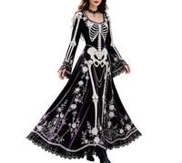 Halloween Skeleton Costumes for Women Black Crew Neck Long Sleeved Tube Dress Gothic Party Skeleton Vintage Cosplay Dress Halloween Adult Fancy Dresses Casual Loose Fit Dresses with Print