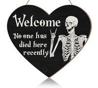 Halloween Skeleton Door Sign, Heart Shaped Hanging Sign for Front Door Wall Decor, Halloween Welcome No One Has Died Here Recently Sign, Scary Spooky Wooden Door Hangers Black
