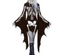 Halloween Skeleton Dress Women Witch Plus Size Bodycon Mini Spider Flared Bell Long Sleeve Cosplay Costume Crewneck Slim Fit Black Cat Pencil Dresses Gothic Vampire Bat Dress, Coffee, 3XL