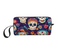 Halloween Skeleton Flower Makeup Bag Water Resistant Travel Toiletry Organizer for Women Men Sugar Skull Cosmetic Storage Pouch with Zipper Portable Small Tool Bag