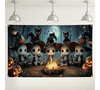 Halloween Skeleton Friends Wall Backdrop, Cute Spooky Party Decorations, Pumpkin Campfire Scene for Photography Halloween Party Supplies 71x43 Inch