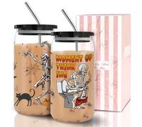 Halloween Skeleton Funny Coffee Cups - Boo Basket Stuffers 16 oz Goth Glass Tumbler with Lid and Straw, Novelty Gag Gift Spooky Skull Glass Tumbler Gift, Halloween Humor Gift for Men Women -1 PACK