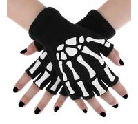 Halloween Skeleton Gloves for Kids - Fingerless Skull Bone Glow in The Dark, Knitted Mechanic Luminous Half Finger Gloves for Halloween Costume Accessories (Kid Size 6-12 Years)
