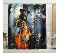 Halloween Skeleton Guitar Shower Curtain, Black Ghost Rock Music Shower Curtain for Bathroom Decor, Autumn Cool Gothic Waterproof Fabric Shower Curtain Set with Hooks 62x72 Inch