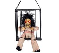 Halloween Skeleton Halloween Animatronics Hanging Light-up Eyes Sounded Hanging Skull Cage Prisoner with Motion Sensor Activated, Animated Skeleton Decorations