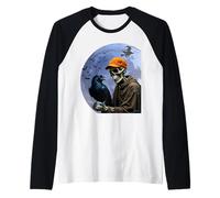 Halloween Skeleton Holding A Crow Under The Full Moon Raglan Baseball Tee