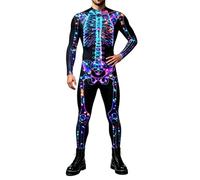 Halloween Skeleton Jumpsuit Tight Fit Bodysuit for Costumes Functional Zipper Front Party Event Wear Men's Item Outfit with Glow Bone Print for Themed Nights (Blue-5, L)
