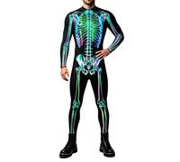 Halloween Skeleton Jumpsuit Tight Fit Bodysuit for Costumes Functional Zipper Front Party Event Wear Men's Item Outfit with Glow Bone Print for Themed Nights (Black-7, S)