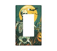 Halloween Skeleton Light Switch Cover Plates/Outlet Covers, Orange and Dark Green Harvest Moon for Wall Accents, Thermoplastic Wall Plates, Standard Size Single Rocker