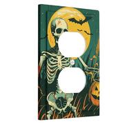 Halloween Skeleton Light Switch Cover Plates/Outlet Covers, Orange and Dark Green Harvest Moon for Wall Accents, Thermoplastic Wall Plates, Standard Size Single Duplex Outlet