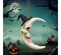 Halloween Skeleton Moon with Black Hat, Resin Moon Shape Skull Head Ornament Haunted House Home Office Wall Window Hanging Decorations for Indoor Outdoor